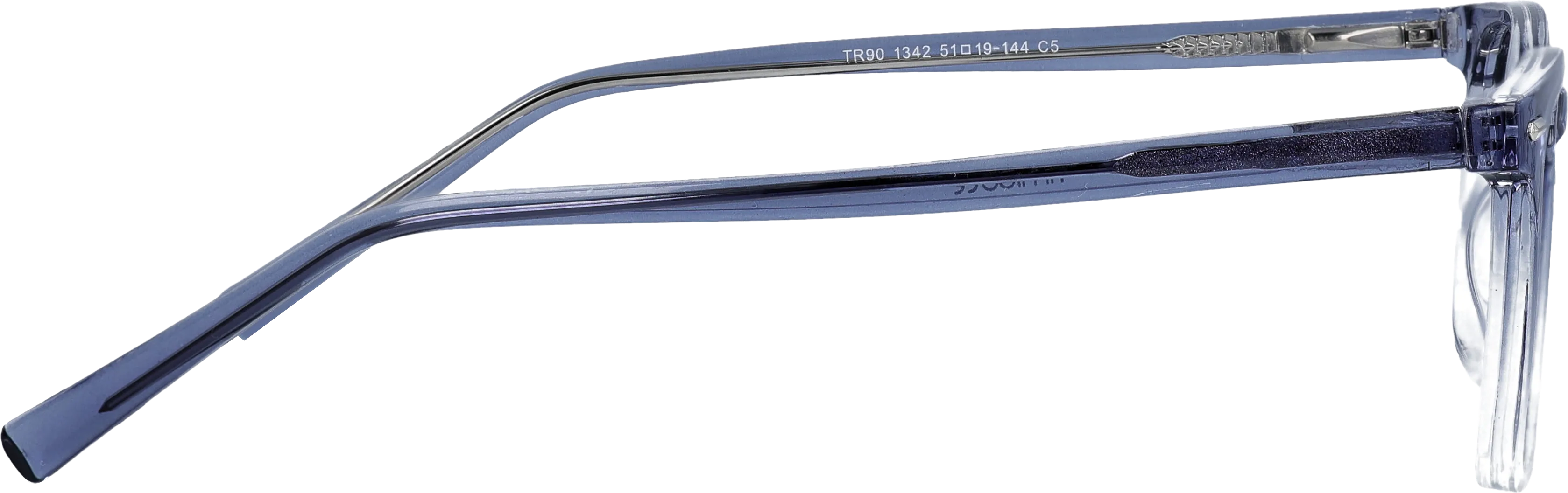 Blue/ Transparent Small optical frame side view, highlighting the temples