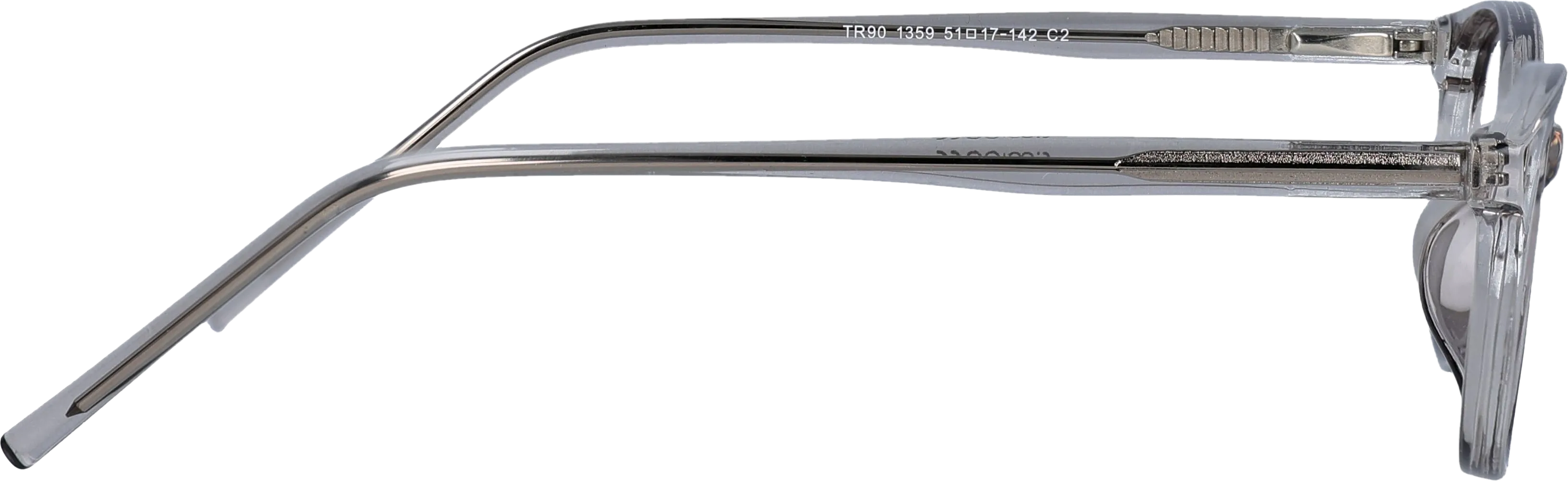 Grey Medium optical frame side view, highlighting the temples