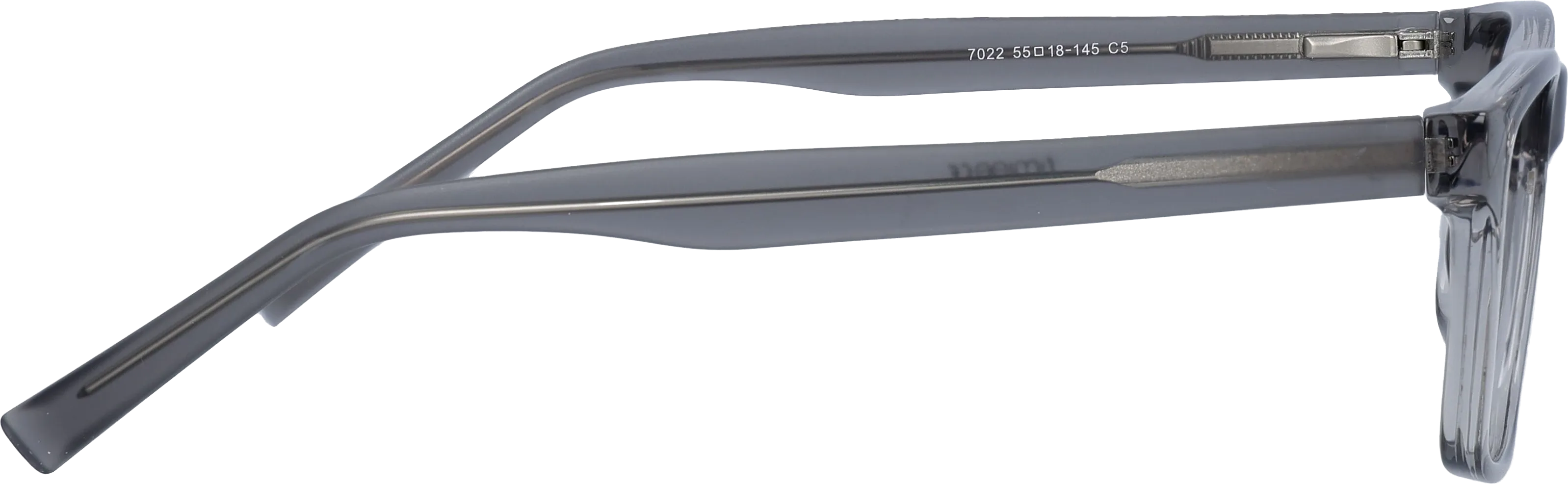 Grey Large optical frame side view, highlighting the temples