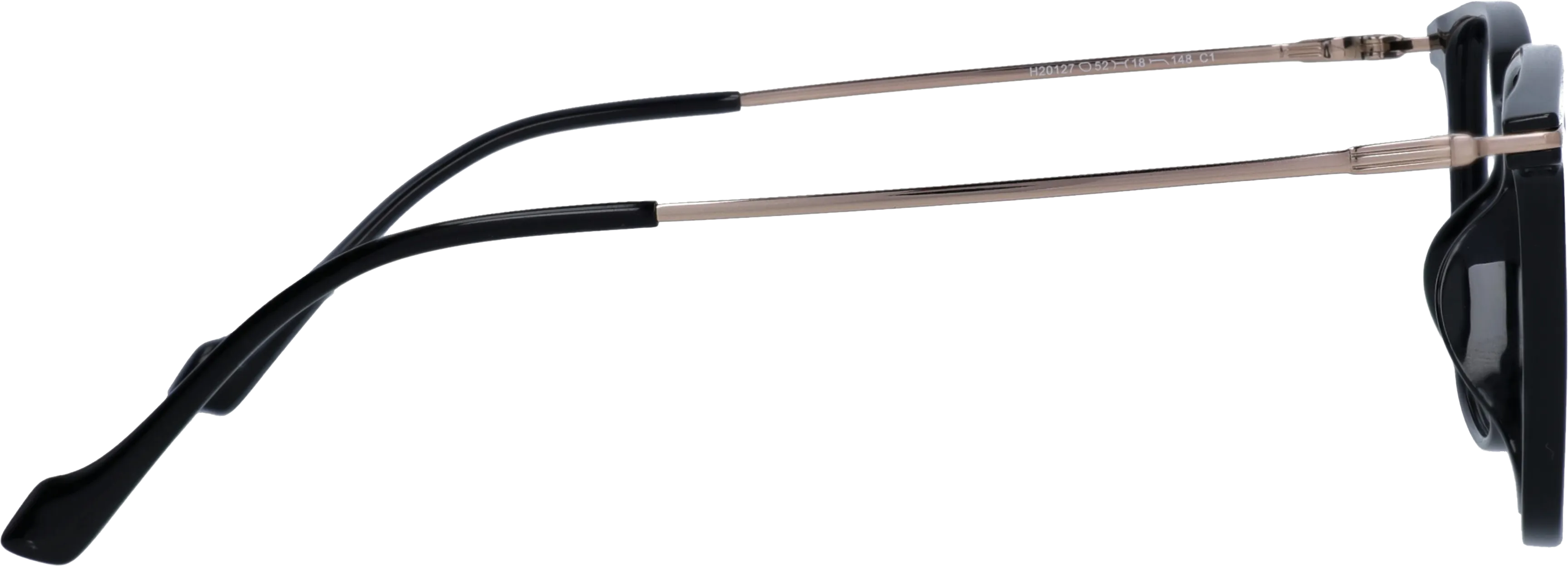 Black /Gold Large optical frame side view, highlighting the temples