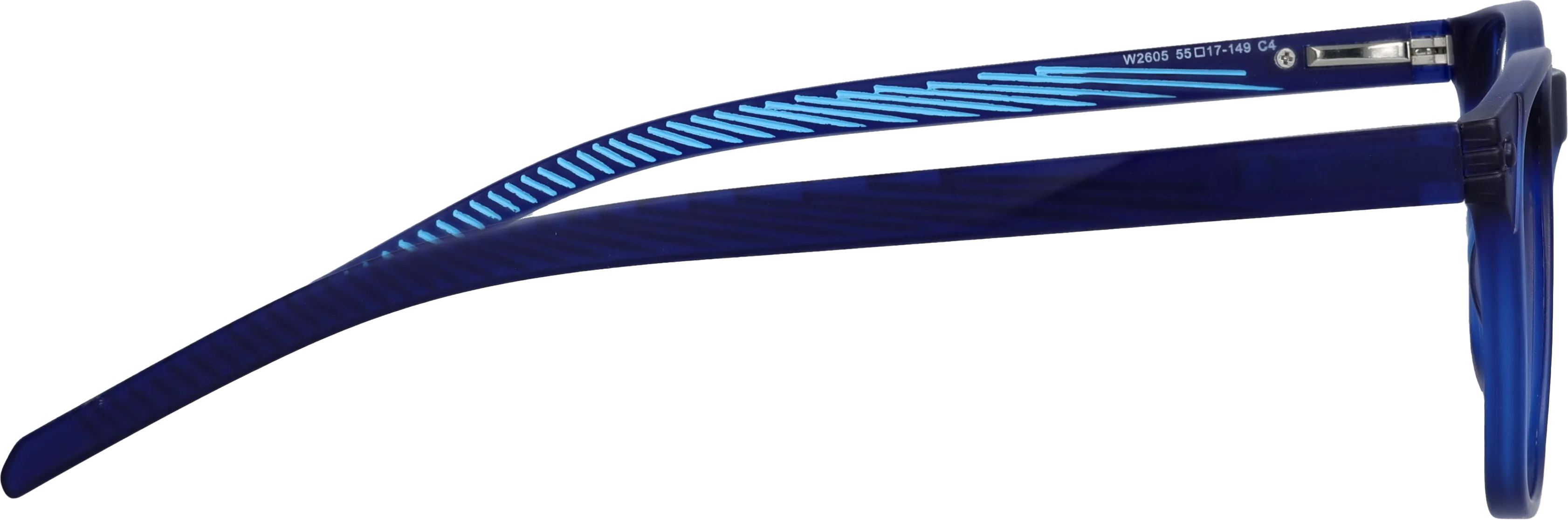 Blue Large optical frame side view, highlighting the temples