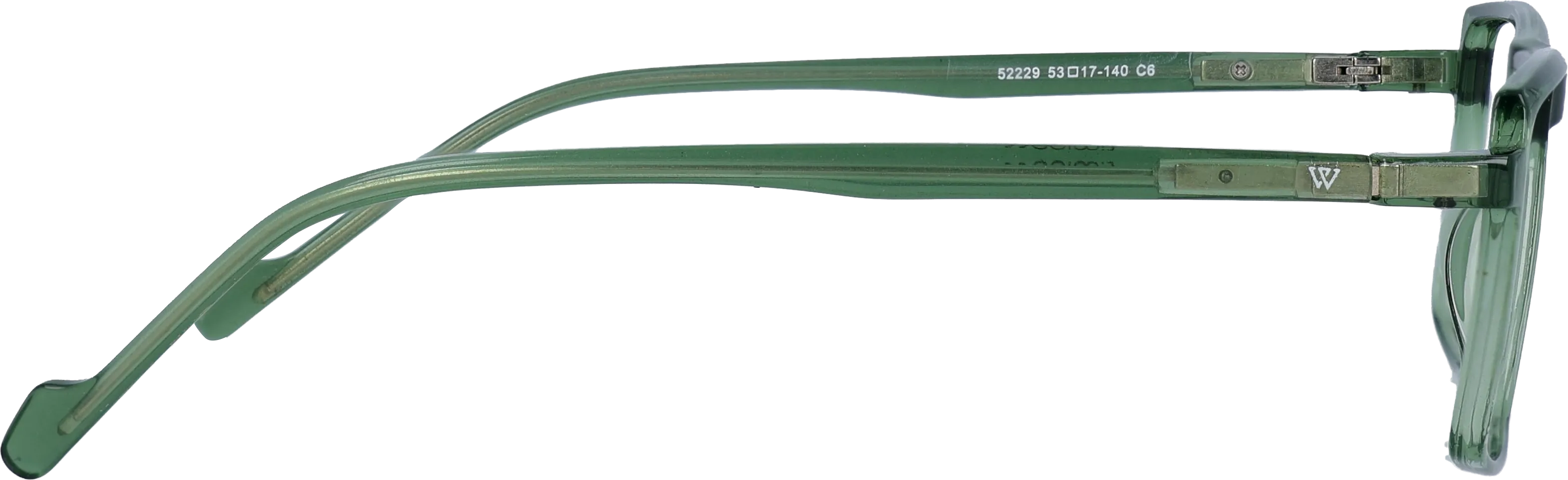 Transparent green Medium optical frame side view, highlighting the temples
